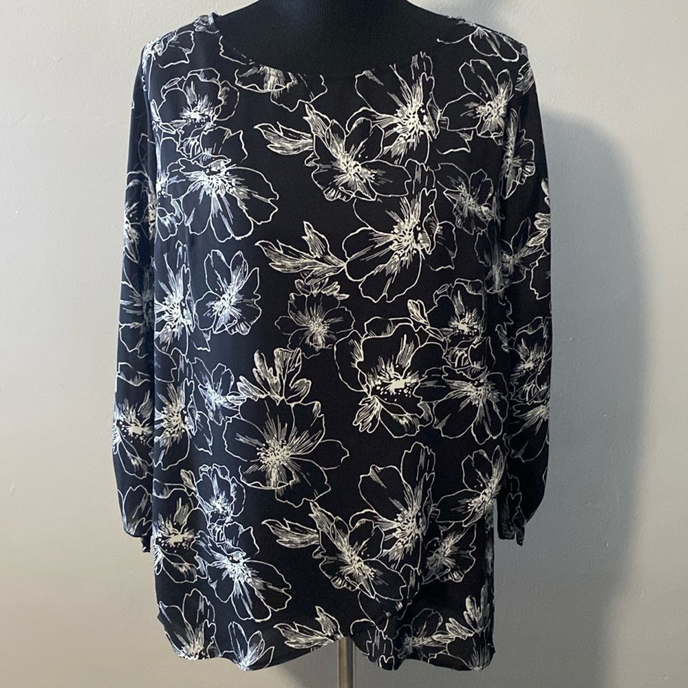 Apt. 9 Black & White Floral Print Blouse Faux Wrap 3/4 Tie Cuff Sleeves Sz L